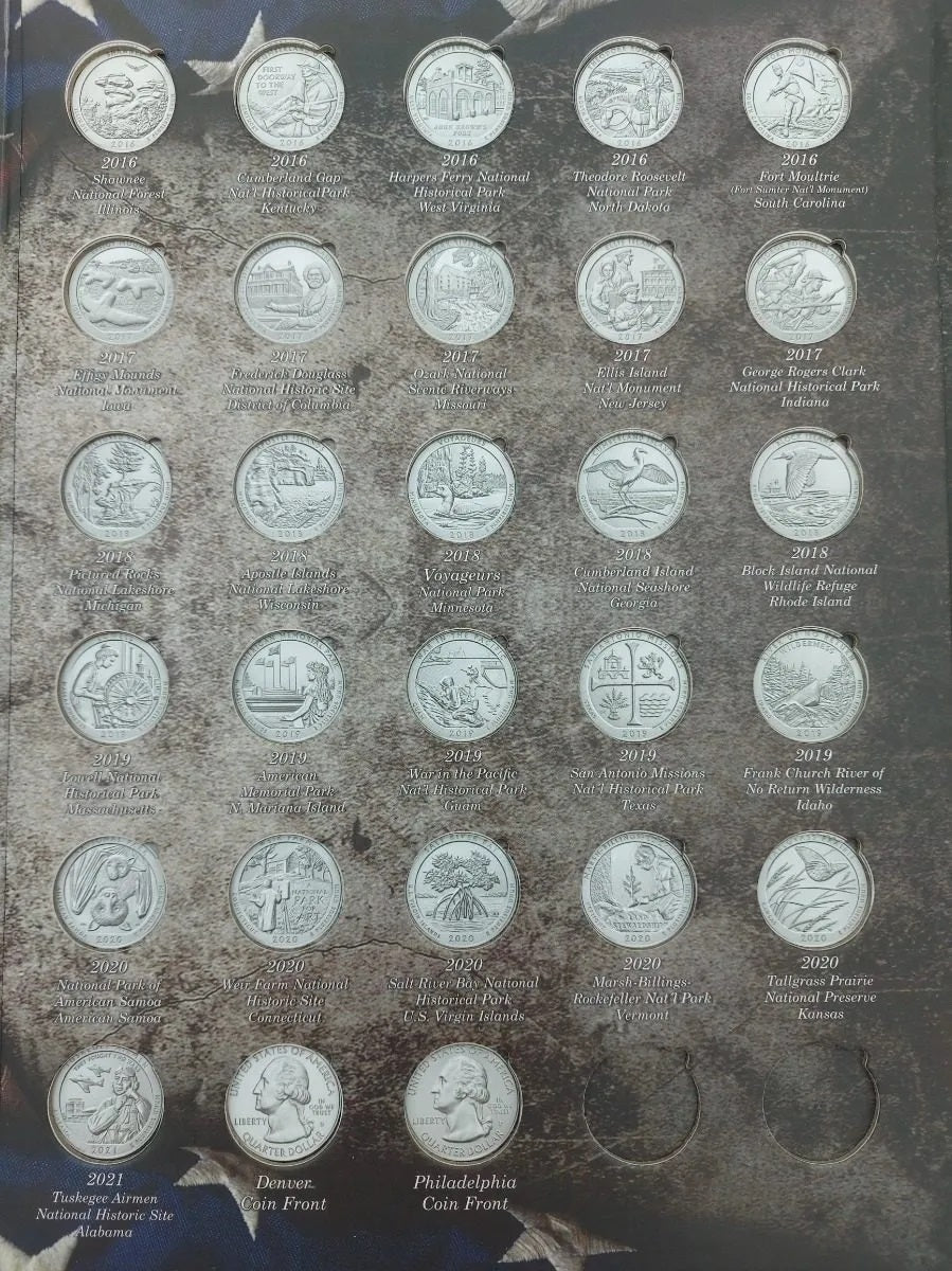 Álbum para monedas conmemorativas de un cuarto de dólar americano con imágenes de parques nacionales de EE.UU. (2010-2021), 60 espacios, hecho en México con gran calidad. Álbum para monedas conmemorativas de un cuarto de dólar americano con imágenes de parques nacionales de EE.UU. (2010-2021), 60 espacios, hecho en México con gran calidad.